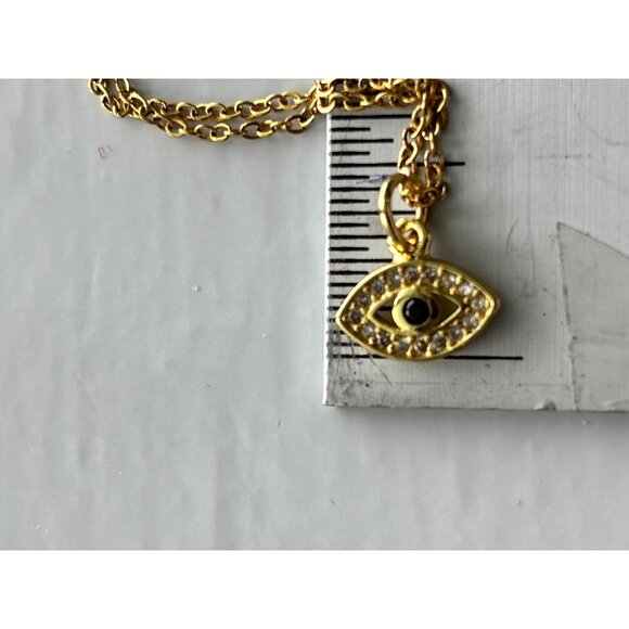 Gold Evil Eye Pendant Necklace With Rhinestone Accents On Thin Chain Adjustable - Picture 4 of 5